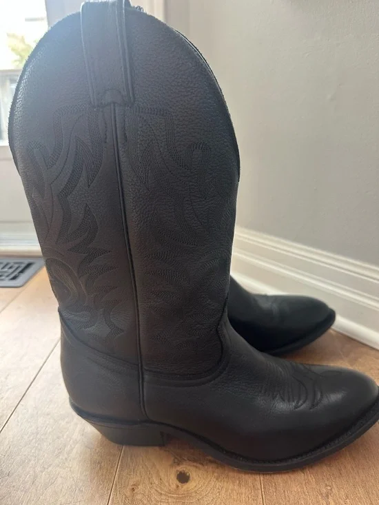 Men's Black Leather Western Cowboy Boots - Classic Pull-On Style - Picture 4 of 10